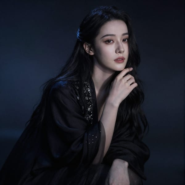 A stunning female character with fair skin, long flowing black hair, mysterious and expressive eyes, wearing elegant dark exquisite clothing. Pensive pose with subtle hand positioning, against a contrasting dramatic dark atmosphere background. Cinematic style photography, dramatic lowkey lighting, rule of thirds composition, cool color palette, low angle camera shot, mysterious and dramatic mood, highly detailed, sharp focus, professional photography parameters, 8K resolution.