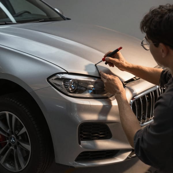 Professional photography of German car brands like BMW, Mercedes-Benz or Audi during PDR technique dent repair (Paintless Dent Repair). A technician applies specialized tools from inside to fix dents on the bodywork without paint damage. Realistic depiction of the process in a modern car workshop, cinematic style, studio lighting with dramatic shadows on the metal, rule of thirds composition, warm tones with metallic sheen, eye level camera angle, professional and precise mood. High-resolution details of dents before/after repair, photorealistic, sharp focus on tools and car surface.