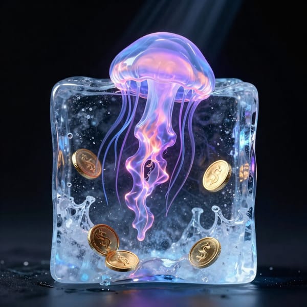 A translucent jellyfish composed of flowing liquid flames and smoke, gracefully floating inside a solid ice cube. The ice is melting, with dripping water transforming into shiny gold coins. Striking contrast between purple flames and cold blue ice. Studio lighting, black background, 3D render style, caustic light effects, refraction, octane render, 8k. Rule of thirds composition, eye-level camera angle, dreamy and dramatic mood, sci-fi fantasy style, smooth particle effects, volumetric lighting and god rays, hyper-detailed, intricate details.