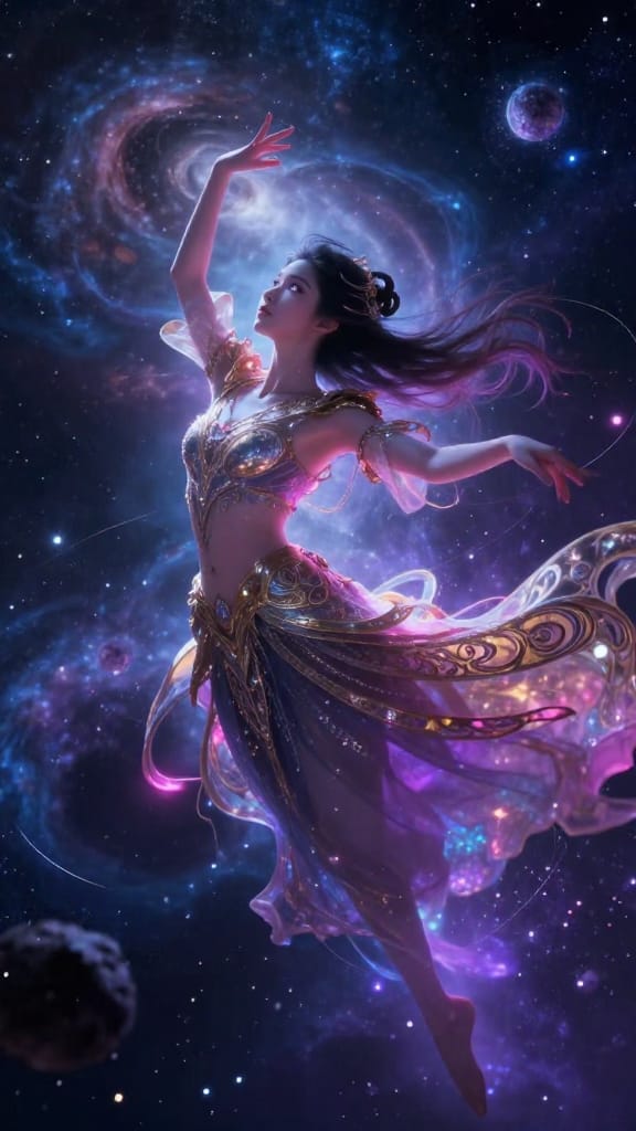 An ethereal beautiful girl with delicate refined features blending anime and realistic proportions, expressive luminous eyes that glow softly with inner light, wearing intricate ornate clothing with elaborate pattern details in gold and silver filigree that shimmers ethereally. Floating gracefully through a cosmic space filled with distant swirling nebulae, twinkling stars, and subtle asteroid trails, performing elegant hand gestures like a mystical dancer summoning celestial energies. Cinematic fantasy style with anime influences, dramatic nebulae glow lighting casting soft volumetric rays and god rays through cosmic dust, rule of thirds composition with the girl positioned off-center gazing into the void, vibrant neon color palette blending deep space blues, purples, and accents of electric magenta and gold, low angle camera view to emphasize her majesty and otherworldly power, dreamy and mysterious mood evoking wonder and enigma, highly detailed textures on clothing and skin, intricate filigree patterns, ethereal particle effects, sharp focus, 8k resolution, ultra high definition, masterpiece by artists like Alphonse Mucha and Studio Ghibli.