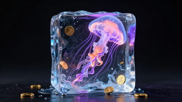 A translucent jellyfish composed of flowing liquid flames and smoke, gracefully floating inside a crystalline solid ice cube, the ice cube slowly melting with dripping water droplets magically transforming into shining gold coins. Striking contrast between purple flames and cold blue ice, studio lighting, black background, 3D render style, highly detailed caustics effects, refraction and reflection lights, Octane render engine, 8K ultra high resolution, rule of thirds composition, eye-level camera angle, dreamy and dramatic atmosphere, sci-fi fantasy style, smooth particle effects, volumetric lighting and god rays, professional photography parameters: 3D render style, studio lighting, rule of thirds composition, cool-warm contrasting color palette, eye-level angle, dreamy dramatic mood, surreal details, particle simulation, volumetric god rays, HDR, sharp focus, seamless textures.