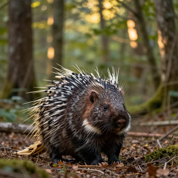 a highly detailed porcupine in a forest setting, photo realistic style, natural golden hour lighting filtering through trees, rule of thirds composition with porcupine positioned off-center, vibrant earth tones color palette, eye level camera angle, peaceful mood, sharp focus on quills and fur texture, intricate details, high resolution, professional wildlife photography