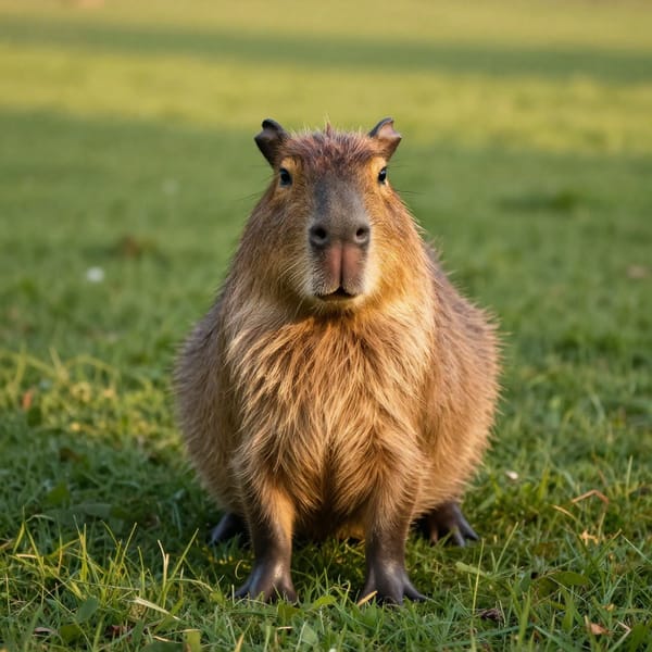 a highly detailed photo realistic capybara standing calmly in a lush green meadow, natural golden hour lighting casting soft warm glows and gentle shadows, rule of thirds composition with the capybara positioned off-center gazing curiously at the viewer, vibrant yet earthy color palette with greens and browns, eye-level camera angle, peaceful and cheerful mood, sharp focus, high resolution, professional wildlife photography