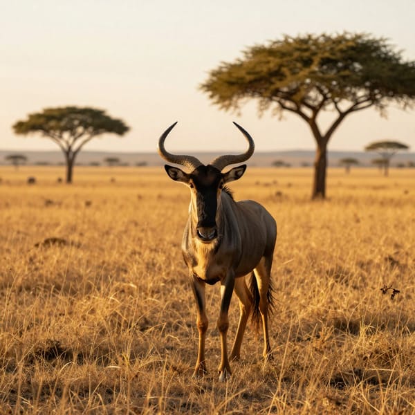 A majestic hartebeest standing proudly on the vast African savanna at golden hour, photo realistic wildlife photography, dramatic natural lighting with warm golden tones casting long shadows, rule of thirds composition with the hartebeest positioned off-center gazing into the distance, vibrant earth-toned color palette of ochre grasslands and acacia trees, eye-level camera angle for immersive view, epic and peaceful mood, highly detailed fur texture, sharp focus, 8k resolution