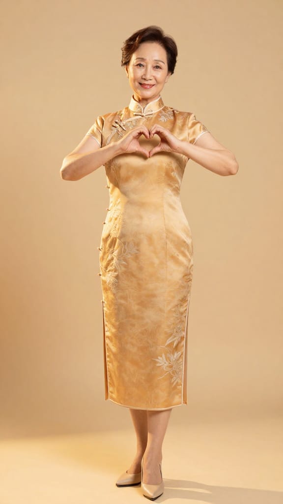 A very beautiful 60-year-old middle-aged Chinese woman, full-body shot, elegantly making a heart gesture with both hands, warm and charming smile, intricate realistic skin texture, wearing traditional Chinese attire elements like an exquisite embroidered cheongsam and high heels, highly photorealistic photography style, golden hour natural light softly illuminating her face and creating gentle shadows, rule of thirds composition placing the subject at the golden ratio points, warm color palette dominated by golden yellows and soft oranges, eye-level camera angle, peaceful and romantic mood, ultra-high detail professional portrait photography, 8K resolution, sharp focus, perfect rendering of subtle wrinkles and fabric textures, minimalist blurred background to emphasize the subject, studio-quality perfection