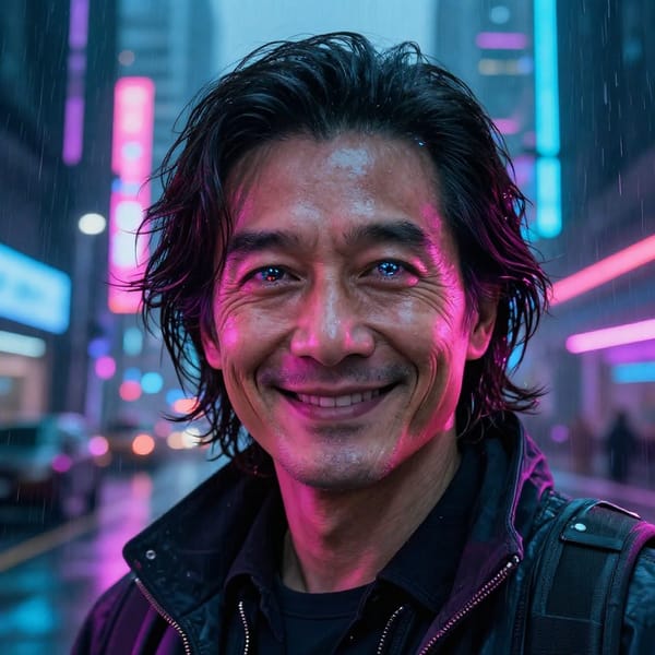 Chinese cyberpunk style portrait of a middle-aged man, warm smile, medium-long hair slightly flowing, futuristic city background illuminated by neon lights, photorealistic rendering, cyberpunk style, neon lighting, rule of thirds composition, front eye contact POV, neon color palette, mysterious and confident mood, ultra high detail, 8K resolution, cinematic lighting effects, dynamic neon reflections on face, rainy wet streets, high-tech cybernetic eye implants, futuristic clothing details, depth of field, sharp focus, professional photography parameters, HDR high dynamic range