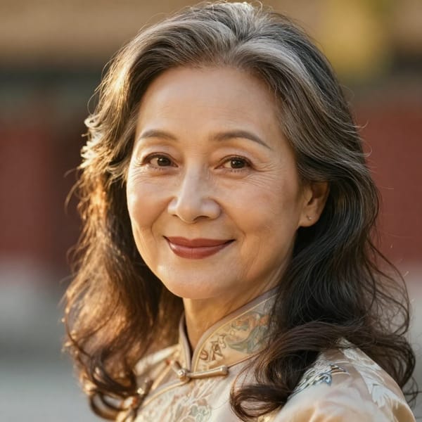 一位非常漂亮的55岁中国美女头像，优雅成熟的面容，细腻的东方五官如杏仁眼和高颧骨，银丝般的长发微微卷曲披散在肩上，温暖的微笑透露自信与温柔，皮肤光滑细腻无瑕，穿着精致的传统中式旗袍，丝绸材质绣有精美花纹，摄影风格逼真写实，柔和的自然光线照亮脸部，黄金时段温暖光辉洒落营造梦幻氛围，规则三分构图，脸部居中突出强调眼神，暖色调调色板以金黄和柔和红为主，眼睛高度视角略带亲切感，宁静而优雅的心情，高度细节，8K分辨率，专业人像摄影，锐利焦点，浅景深背景虚化，完美皮肤纹理和发丝细节