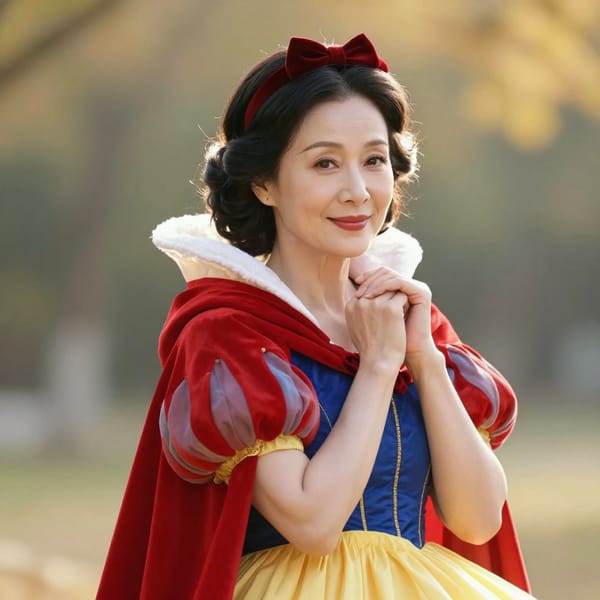 A very beautiful 60-year-old Chinese woman dressed in classic Snow White attire, wearing a vibrant red cape, bright yellow skirt, and black hairband, with fair and delicate skin like porcelain, elegant mature temperament, exquisite facial features, gentle smile in a headshot portrait. Photography style: hyper-realistic portrait photography, golden hour natural light with soft illumination, rule of thirds composition, warm color tones, eye-level camera angle, dreamy romantic atmosphere, ultra-high detail, surreal clarity, professional portrait photography, intricate textures, sharp focus, shallow depth of field with blurred background, like a mature princess from a dreamlike fairy tale, graceful pose, radiating gentle charm.