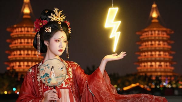 A stunning young Chinese woman wearing an exquisite red Hanfu with intricate gold embroidery, impeccable flawless makeup featuring a bold red floral forehead pattern. Her hair is styled in an elaborate high bun adorned with a majestic golden phoenix headdress, cascading red flowers, and shimmering beads. She gracefully holds a round folding fan painted with an elegant lady, ancient trees, and a soaring bird. Above her extended left palm hovers a dramatic neon lightning-bolt shaped lamp emitting a bright yellow glow. Soft-lit outdoor night scene with a silhouetted tiered pagoda in the background, blurred colorful distant lights creating a mystical atmosphere. Cinematic style, dramatic neon and soft lighting, rule of thirds composition, vibrant warm color palette with neon accents, eye-level camera angle, mysterious and epic mood, highly detailed, photo realistic.