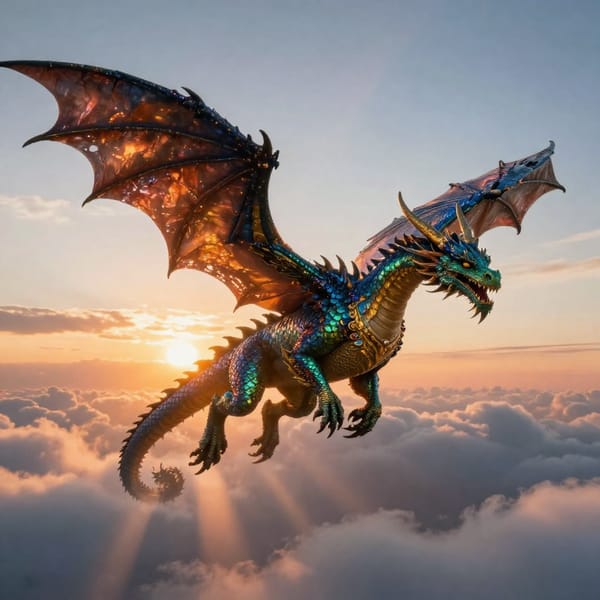 A majestic dragon soaring through fluffy clouds at sunset, its scales shimmering with iridescent colors of emerald, sapphire, and gold, highly detailed fantasy art style, cinematic lighting with golden hour glow and dramatic rays piercing the clouds, rule of thirds composition with the dragon dynamically positioned off-center, vibrant color palette with warm sunset oranges blending into cool twilight blues, low angle camera view from below to emphasize grandeur, epic and majestic mood, intricate scale textures, volumetric fog, masterpiece, 8k resolution
